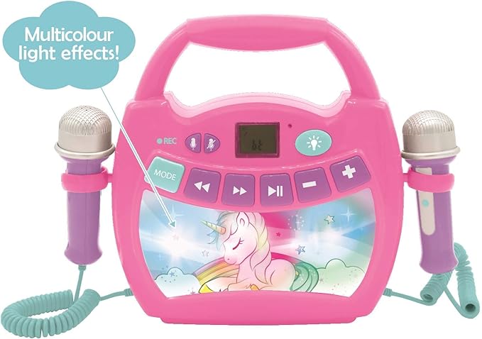 LEXiBOOK Unicorn - Portable Karaoke Digital Player for Kids – Microphones, Light Effects, Bluetooth, Record and Voice Changer Functions, Rechargeable Battery, Pink, MP320UNIZ