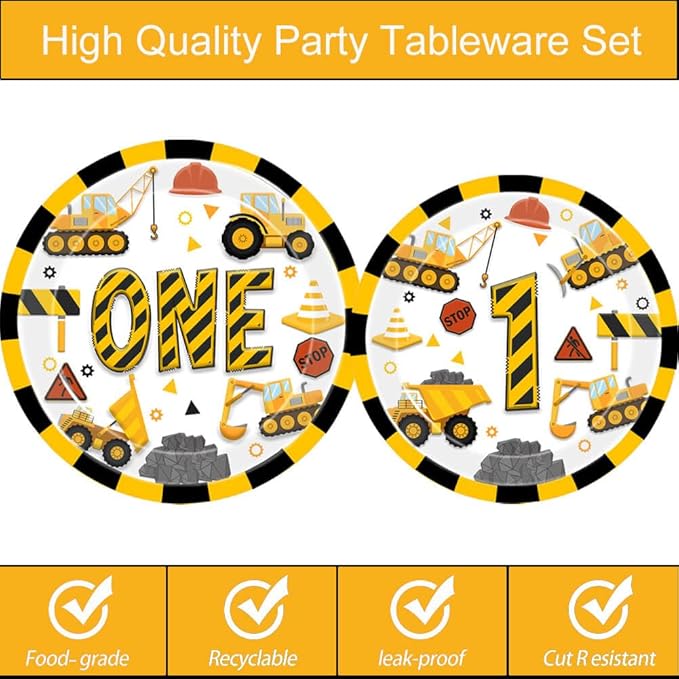 Construction 1st Birthday Party Plates Dump Truck One Years Old Disposable Paper Plates Dinnerware for Im Digging Being 1 Birthday Baby Shower Party Supplies Decorations