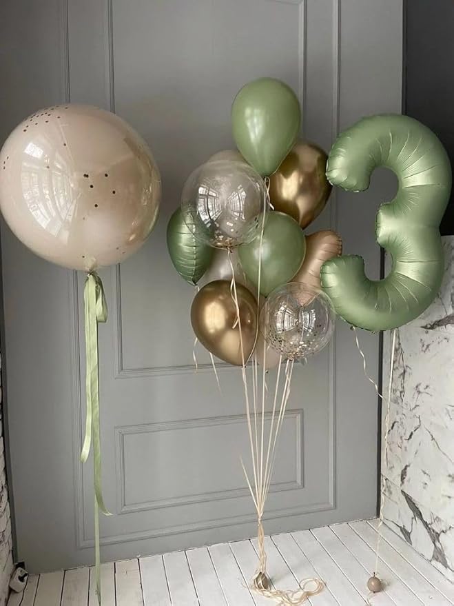Numbers Balloon 3, 40 Inch Large Olive Green Balloon for Three Year Old Birthday Decor, 3 13 30 31 Birthday Party Decorations for Wedding Supplies