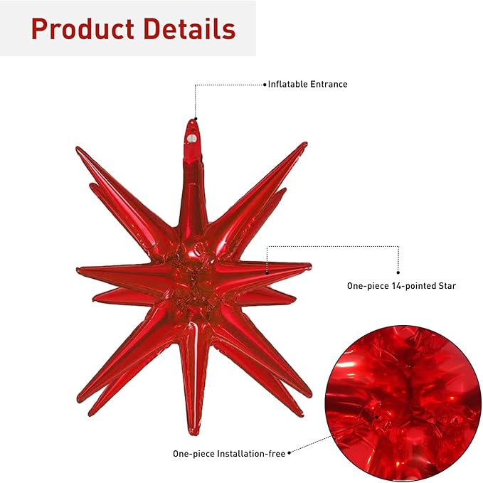 6 Pcs Red Star Foil Balloons One-Piece 14-Pointed Star Balloon 4D Starburst Cone Mylar Balloon 22inch Christmas Birthday Wedding Wedding Anniversary Party Supplies(Red)