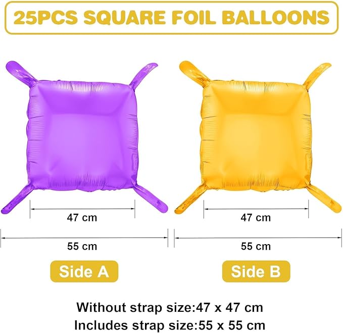 Purple Gold Square Foil Balloon Wall,25Pcs Double Sided Foil Balloons Backdrop Helium Polyester Tunnel Arch Garland Kit for Birthday Bridal Anniversary Baby Shower Party Decorations