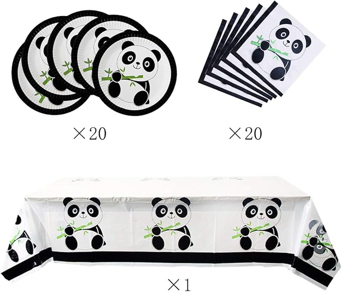 Panda Party Supplies, 20 plates, 20 napkins and 1 tablecloth