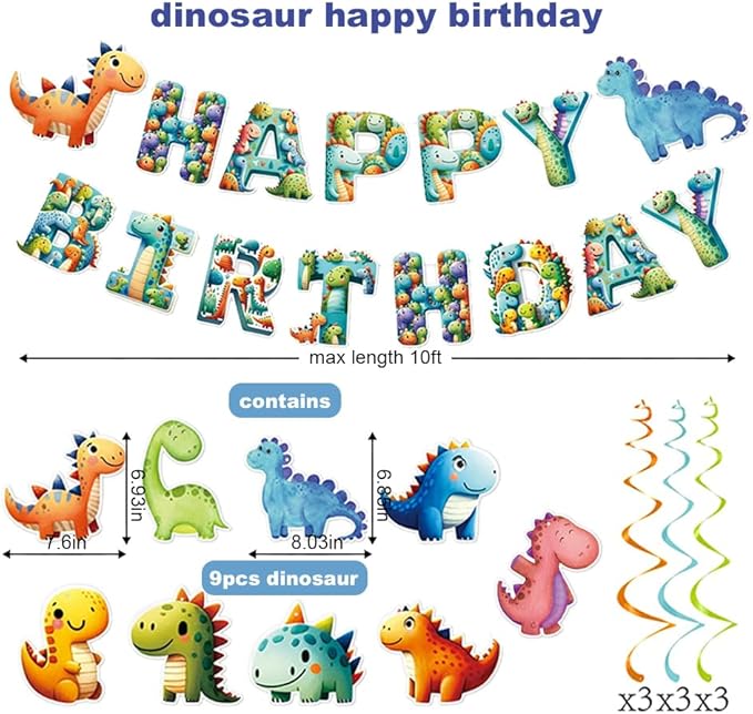 Cute Cartoon Dinosaur Happy Birthday Banner for Kids - Dinosaur Birthday Party Decorations,Dino Happy Birthday Banner Party Supplies - Boys and Girls