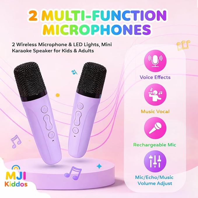 Kids Karaoke Machine with 2 Wireless Microphones, Bluetooth Speaker with Voice Changer & LED Lights, Portable Singing Toy Gift for Boys & Girls Ages 3–12