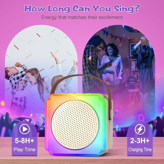 Mini Karaoke Machine for Kids Adults, TOP Toy Gift Bluetooth Karaoke Speaker with 2 Wireless Microphones, LED Party Lights, AUX/USB/TF- Christmas Birthday Gifts for Girls Boys Ages 3-12+, Beige