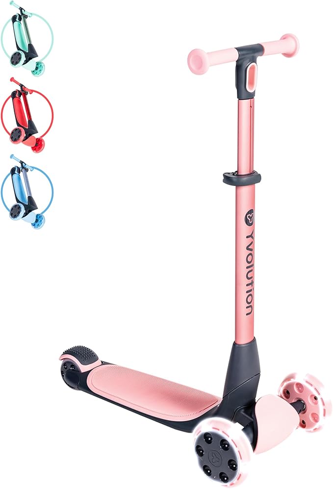 Yvolution Y Glider Nua 3-Wheel Kids Scooter – Adjustable Height, Arc-Folding Handlebar, LED Light-Up Front Wheels, Extra-Wide Deck, Ages 3-10