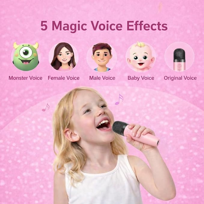 Karaoke Machine for Kids, Portable Bluetooth Speaker with 2 Wireless Microphones, Christmas Birthday Gift Toy Ideas for Boys and Girls Ages 4, 5, 6, 7, 8, 9, 10, 12+ Years Old (Pink)
