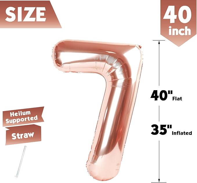 40 Inch Rose Gold Number 7 Balloon, Giant 7 Number Balloons for 7th Birthday Decorations, Party Supplies for Baby Boy Girl, Rose Gold Party Decor