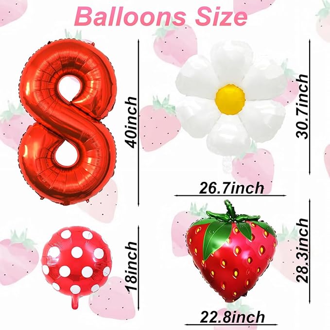 Strawberry Balloons Eighth Birthday Decorations for Girl, 40 Inch Mylar Red Number 8 Balloons, Strawberry Balloon for Strawberry Party Decorations, Strawberry Birthday Decorations