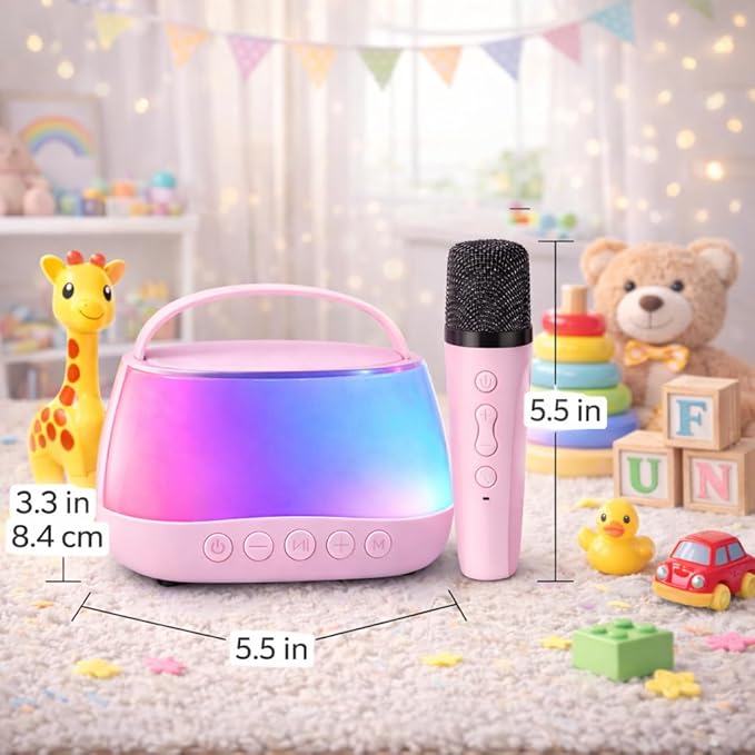 Kids Karaoke Machine with 2 Wireless Microphones, Bluetooth Speaker with Voice Changer & LED Lights, Portable Singing Toy Gift for Boys & Girls Ages 3–12