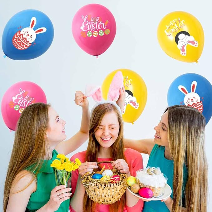 Happy Easter Balloons Bunny Balloons Pink Blue Yellow Party Balloon For Easter Themed Party Bunny Decorations Decor Supplies Arch Decorations Party Balloon Sets-12 Pcs