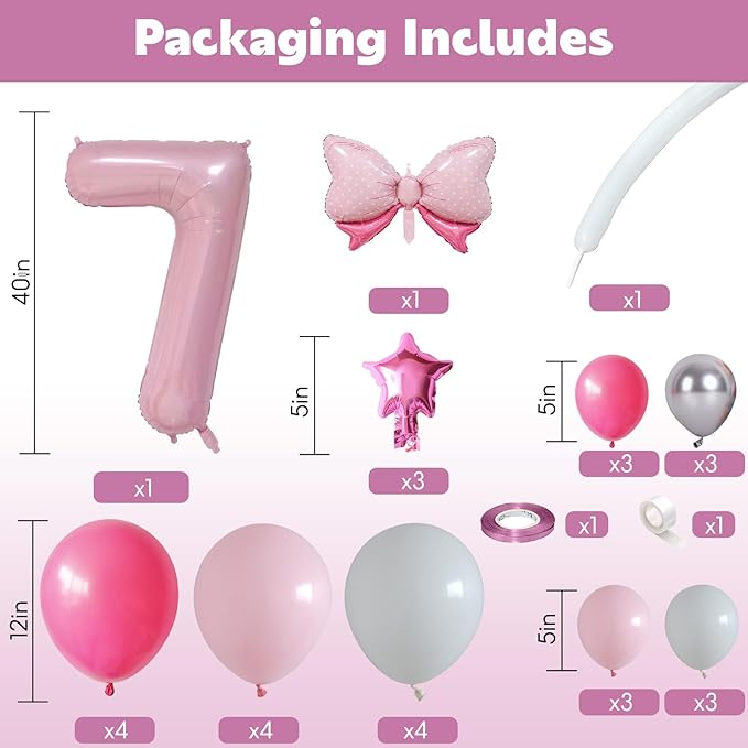 40 Inch Pink Number 7 Balloon for 7th Birthday Decoration Pastel Baby Pink Number Seven Foil Balloon Tower Giant Large Digit Hot Pink White Helium Balloons Stack Stand for Girl Anniversary Party