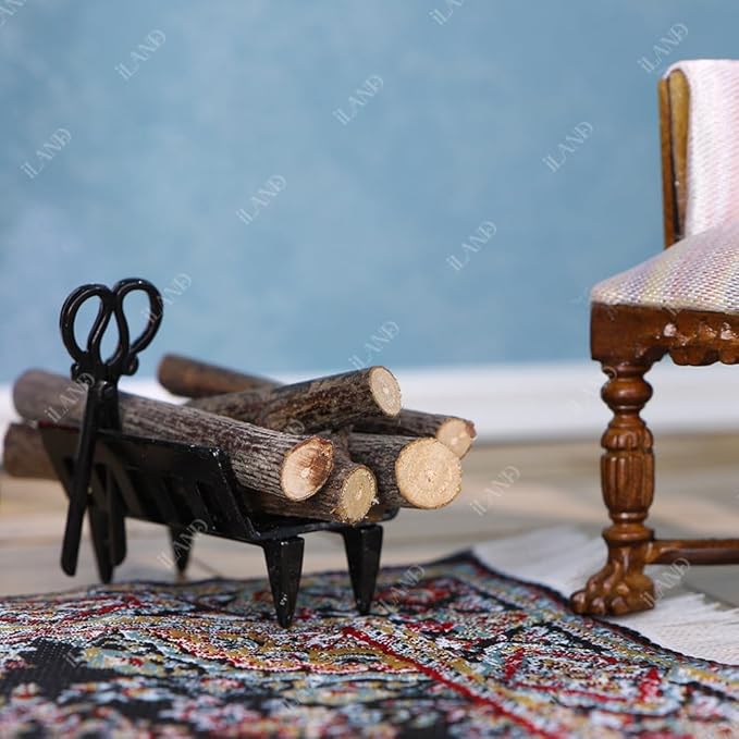 iLAND Dollhouse Furniture and Accessories of Dollhouse Fireplace on 1/12 Scale w/Fire Light & Firewood Rack & Fireplace Tool Kit (Neoclassical 4pcs)