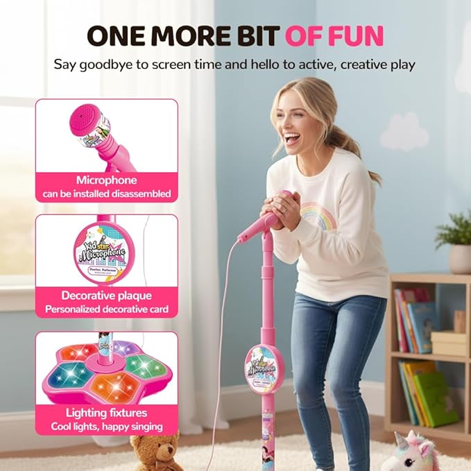 Karaoke Star Machine with Light, 2026 Upgrade Star Microphone with Stand, All in One Funny Karaoke Microphones with Adjustable Stand for All Ages, Birthday Gifts (not Included adeapter Cable) (Pink)