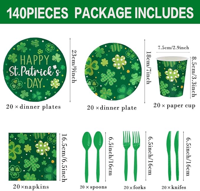 140Pcs Happy St. Patrick's Day Party Supplies Clover Plates and Napkins St. Patrick's Day Party Decorations Green Paper Plates Irish Festival Dinner Plates, Serve for 20 Guest