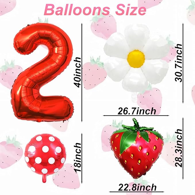 Strawberry Balloons Second Birthday Decorations for Girl, 40 Inch Mylar Red Number 2 Balloons, Strawberry Balloon for Strawberry Party Decorations, Strawberry Birthday Decorations