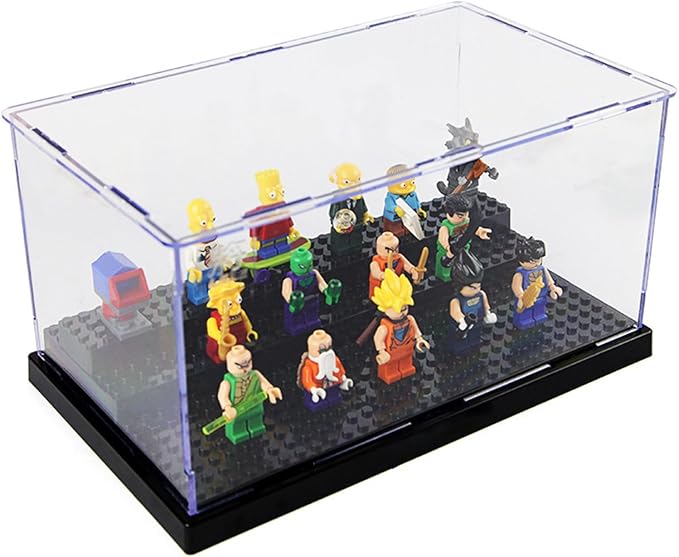 Minifigure Display Case for Action Figures Blocks, Dustproof Acrylic Display Box Storage with 3 Movable Steps for Collection Models Minifigures, Bricks Blocks Toys