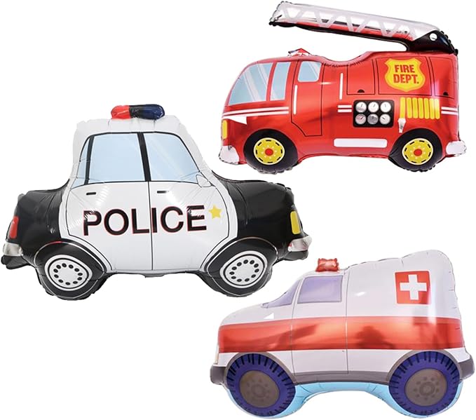 3PCS Rescue Vehicle Balloons Police Cars Fire Trucks Ambulances Mylar Foil Balloons for Kid Birthday Party Wedding Baby Shower Rescue Theme Party Home Decorations Supplies