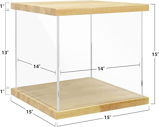 BenchPro Clear Acrylic Display Case for Trophy, Collectibles, Assemble Cube Display Box Stand Dust Proof Protection Showcase for Action Figures Toys. (1" Thick Wood, 15" H x 15" L x 15" D)