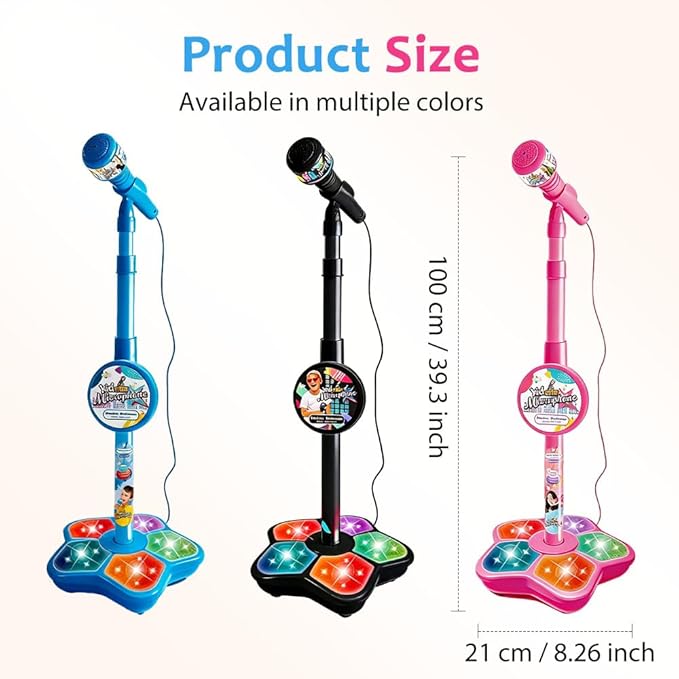 Microphone with Stand, 2026 New All in One Microphone Toy, Colorful Lights with Adjustable Height for Birthday Parties Singing (Black)