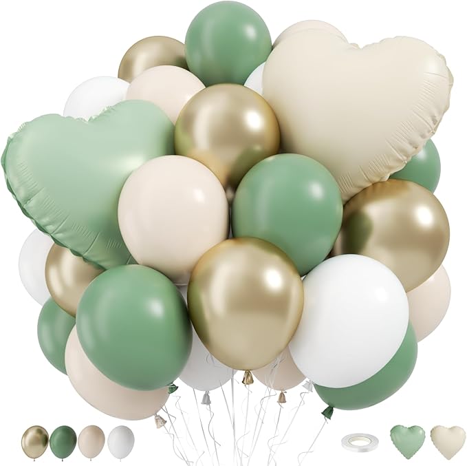 Sage green Gold Balloons, 12inch Sage green Sand White Metallic Gold Confetti Balloons with Star Foil Balloon for Netural Boho Birthday Wedding Bridal Engagement Party Decorations