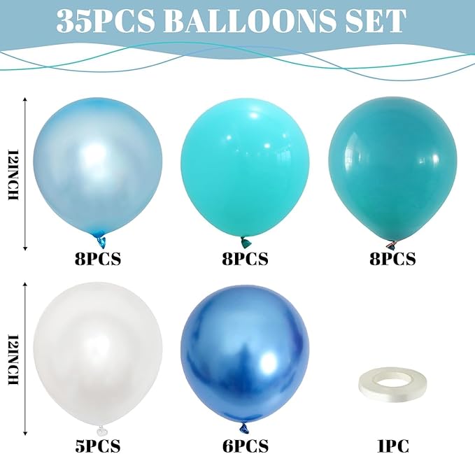Teal Blue White Balloons 12Inch Under The Sea Balloon Ocean Balloons Turquoise Pearl Metallic Blue and White Latex Balloon for Boys Men Birthday Baby Shower Pool Beach Party Decorations
