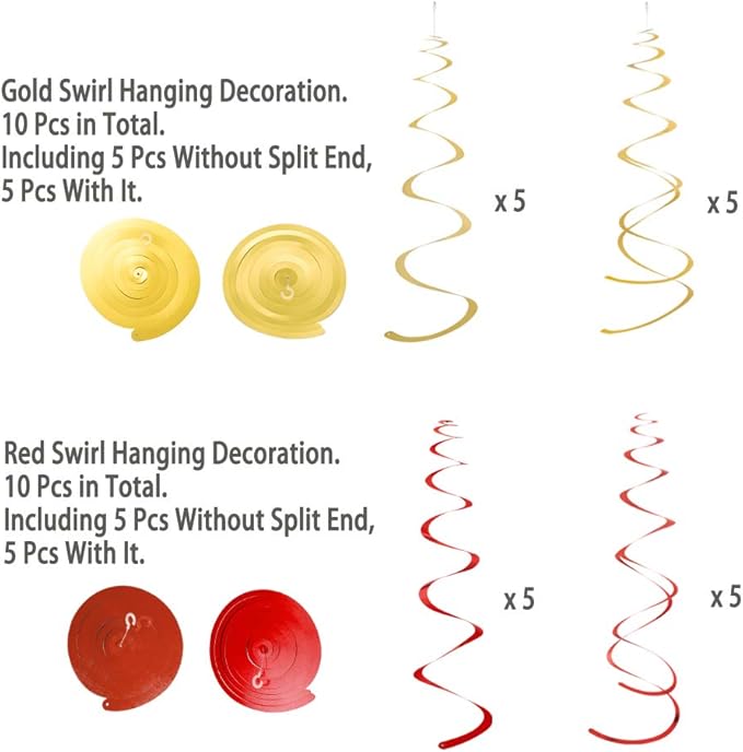 MOWO Gold and Red Foil Swirl Hanging Decoration for Birthday Graduation Wedding New Year Halloween Party Supplies,Pack of 20