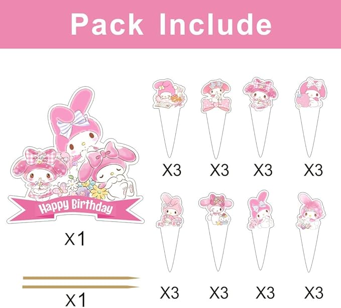 25pcs Melody Cake Decorations with 24pcs Cupcake Toppers, 1pcs Cake Topper for Cartoon Birthday Party Supplies