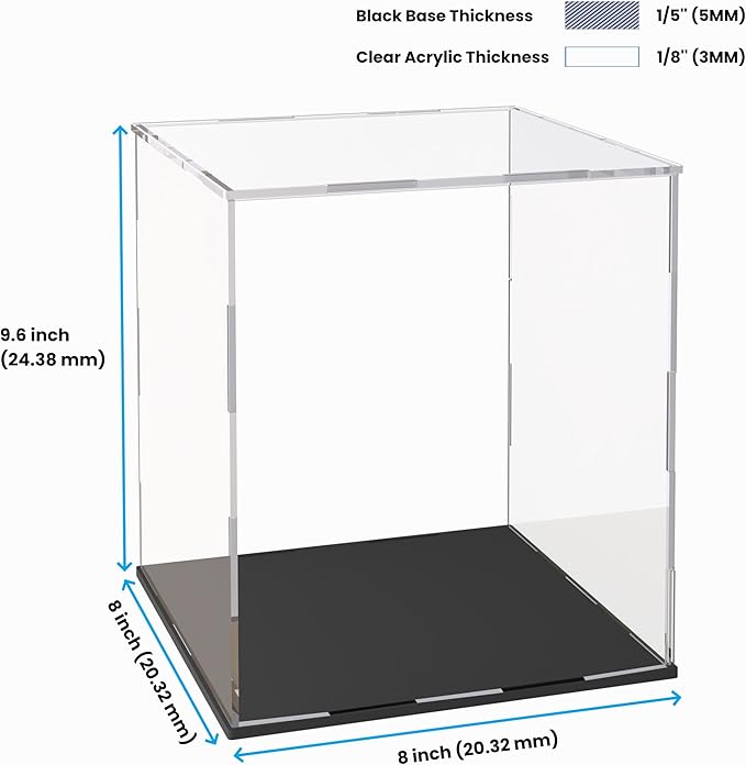 Acrylic Display Case for Collectibles and Toys, Versatile Clear Acrylic Display Box with Black Base for Action Figures and Souvenirs, 8x8x9.6-inch
