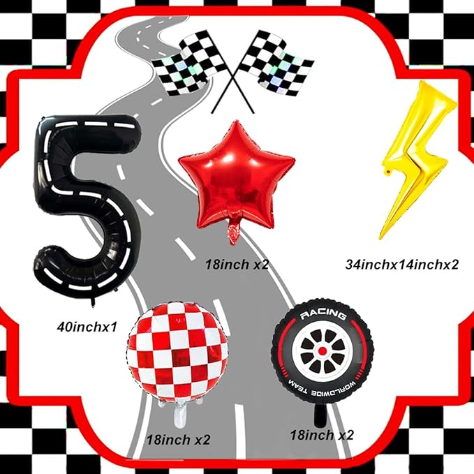 Race Car Birthday Party Decorations Large Lightning Bolt Foil Balloons Race Car Balloons 40 Inch Racetrack Number 5 Balloon for Boys 5th Race Car Birthday Party Decor Supplies
