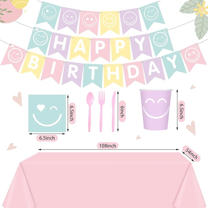 Dandat 175 Pcs Pastel Birthday Plates and Napkins Preppy Party Decorations Macaron Smile Happy Birthday Banner Supplies Serves 24 Guests Tableware Paper Plates Napkins Cups Tablecloths(Bright)