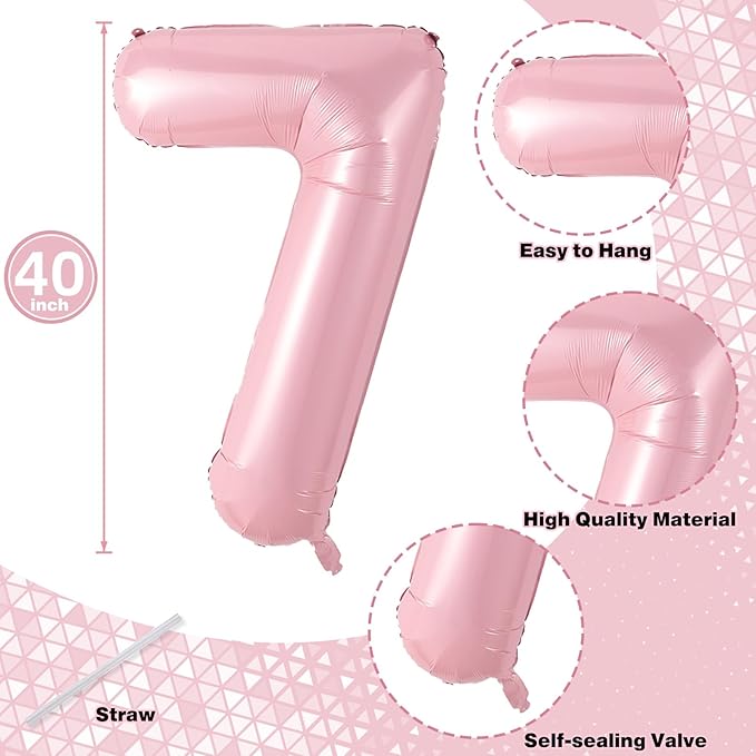 Large Light Pink 17 Balloon, Foil Number 1 & 7 Helium Balloon, 40 Inch Mylar Self Inflating Number 17 Balloon Pastel Pink for Girls 17th Birthday Party Decor Women Anniversary Decorations Supplies