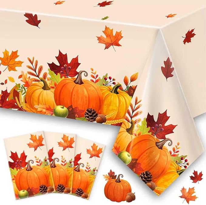 Thanksgiving Tablecloth, 3PCs Fall Tablecloths 54” x 108” Plastic Disposable Tablecloth Autumn Maple Leaf Party table Cover for Friendsgiving Fall Party Table Decorations Thanksgiving Table Decor