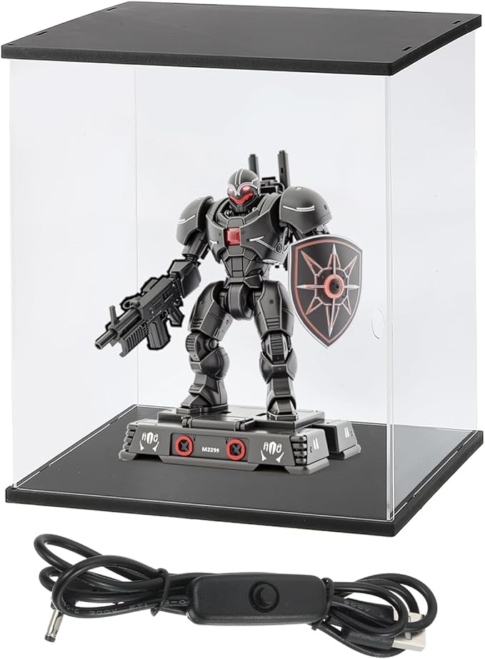 MECCANIXITY Clear Display Case, Acrylic Figure Display Case Clear Display Boxes for Collectibles, Figures Model Toys Home Storage(with Square LED Light, 12x10x21 Inch Black Base)