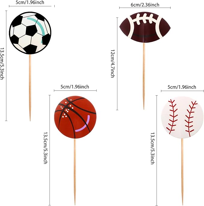 BLUE TOP 48pcs Two Side Sports Ball Cupcake Toppers Sports Theme Cupcake Picks Party Decor Football Baseball Basketball Rugby Decoration Picks for Olympics Games Celebration