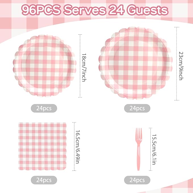96Pcs Pink Gingham Plates and Napkins Forks Lace Plaid Paper Plates for 24 Guest Picnic Wedding Baby Shower Tea Kids Birthday Party Supplies Decrations