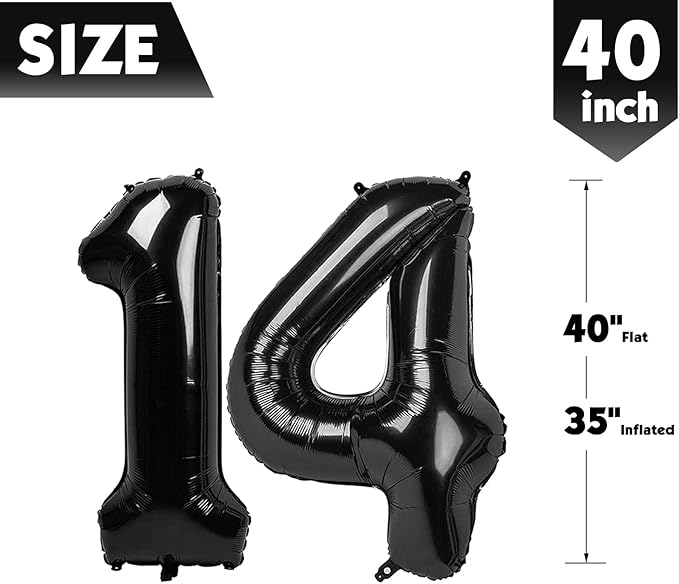 40 Inch Black Number 14 Balloon, Giant Number 14 Balloons for 14th Birthday Decorations, Party Supplies for Baby Boy Girl, Black Party Decor