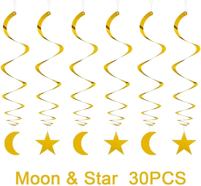 Party Star Moon Swirl Decorations, Gold Ceiling Hanging Swirl Decorations with Star Moon, Whirls Decorations for Birthday | Wedding | Anniversary Party Supplies, Pack of 30