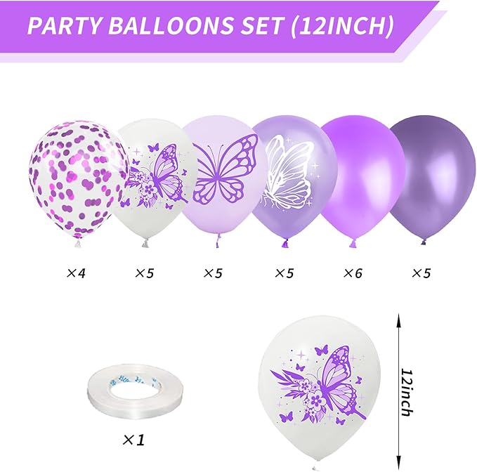 Purple and White Latex Balloons - 12 Inch Butterfly Print for Girls, Women, Baby Shower, Birthday Party, Graduation Decorations