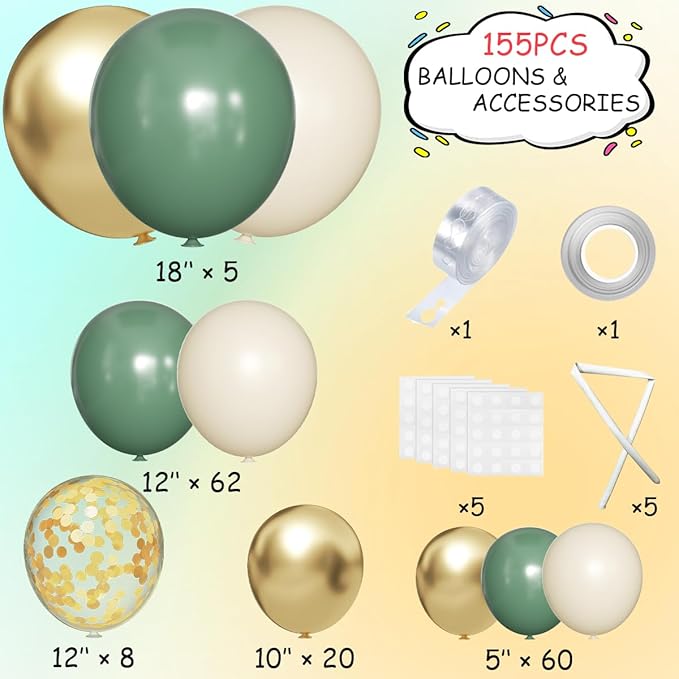 Sage Green Balloon Arch Kit, 155Pcs Sage Green White Sand Metallic Gold Garland with Gold Confetti Balloons for Graduation Baby Shower Wedding Jungle Birthday Party Decorations