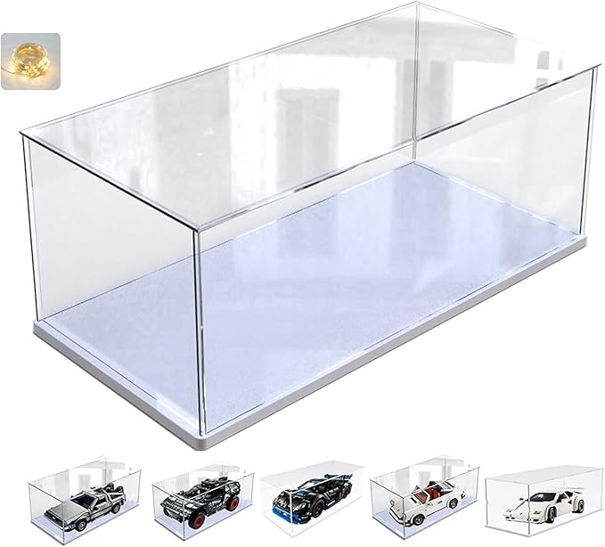 Thickened Clear Acrylic Display Case for Lego 10295 10337 10330 10353 76450 42176 43268 42170 42160 10300 Collectibles 1/18 Rc Car, Transparent Box Dustproof with Light, White Inside 15.7x7.9x7.9in