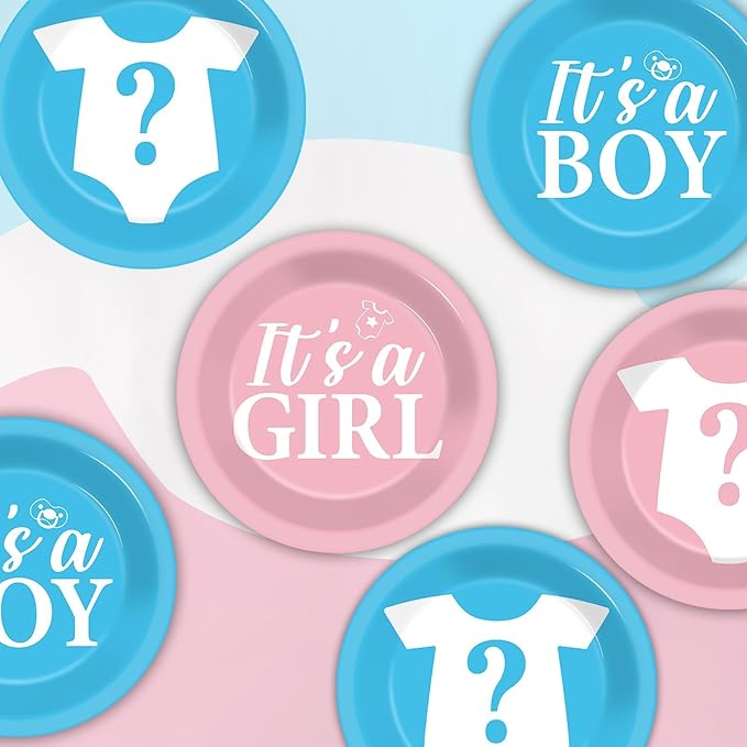 CHUNNIN 48Pcs Gender Reveal Party Paper Plates for Gender Reveal Party Supplies 7" Boy or Girl Pink and Blue Disposable Plates for Baby Shower Newborn Favors Decorations