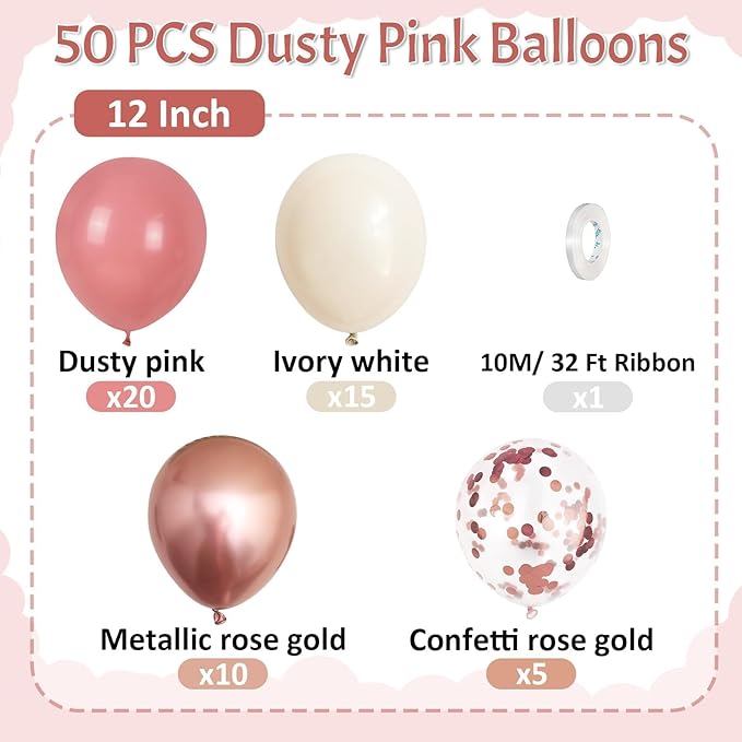 Paready Dusty Pink Balloons, 50 Pcs Retro Blush Pink White Balloons, 12 Inch Metallic Confetti Rose Gold Balloons Helium with Ribbon for Girls Wedding Bridal Baby Shower Birthday Party Decorations