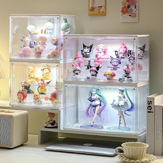 3 Tiers Clear Display Case with Lights, Acrylic Storage Organizers Box with Magnetic Door, Acrylic Dustproof Showcase for Collectibles Action Figure((1, White Large)