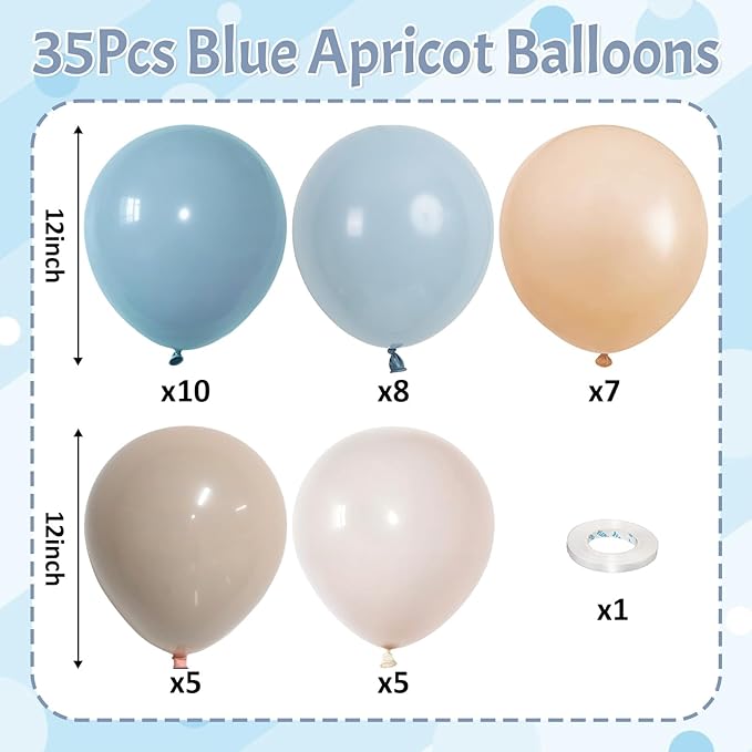 Dusty Blue Neutral Balloons, 12Inch Retro Blue Boho Apricot Latex Balloons, Double Stuffed Nude White Party Balloon for Boho Baby Shower Boys Birthday Wedding Bear Theme Newborn Welcome Party Decor