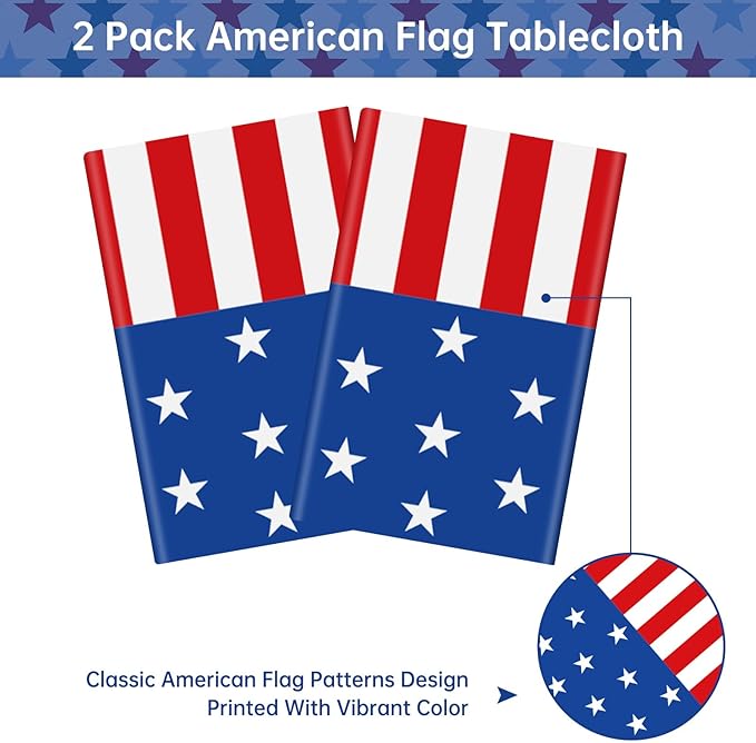 2 Pack 4th of July Tablecloth - Patriotic American Flag Table Cloth, Plastic Disposable Rectangle USA Star Stripe Table Cover for Memorial day, Fourth of July Independence Day Decorations, 54" x 108"