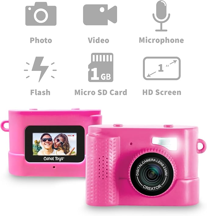 Photo Creator Mini’Cam Compact Digital Camera - Pink; Customize with 6 Frames and 8 Built-in Color Filters; Compact; 1GB Micro-SD Card Included
