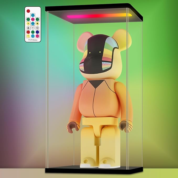 NONEMEY Clear Acrylic Display Case with RGB LED Light for 400% Bearbrick, Dustproof Model Showcase Organizer Box, Display Case for Collectibles Bearbrick (6×4.7×11.8inch,15×12×30cm)