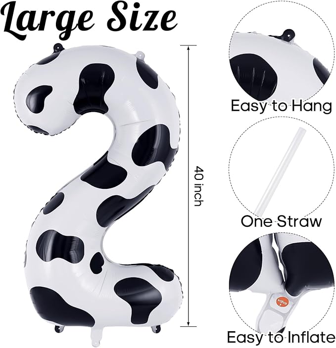 Cow Print Number 2 Balloon, Large 40 Inch Cow Number Birthday Balloons, Foil Mylar Number 2 Balloons for 2 Year Old Birthday Party Decorations Supplies Animal Farm Cowboy Cowgirl Themed Party