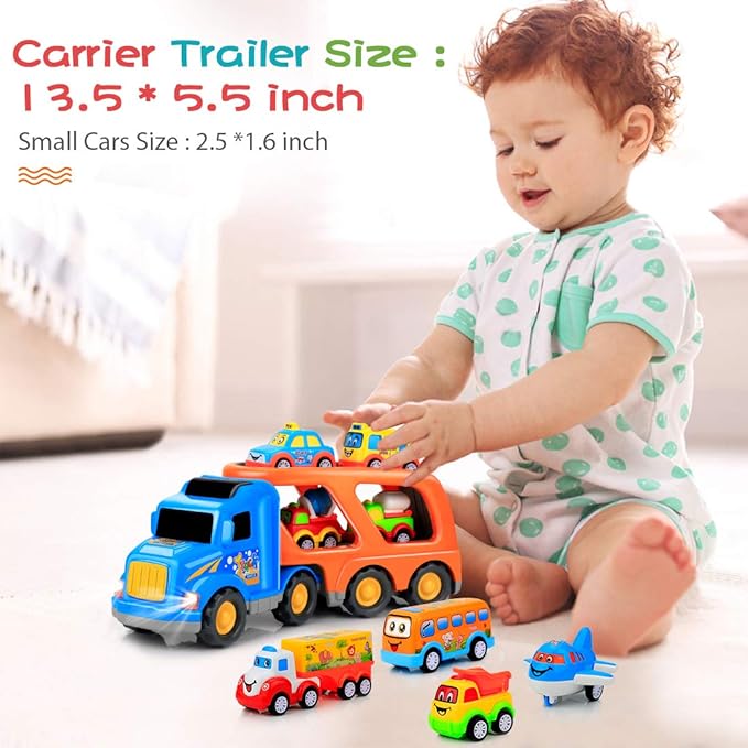Forty4 9 Pack Cars Toys for 2 3 4 5 Years Old Toddlers Boys & Girls Gift, Big Transport Truck with 8 Small Cute Pull Back Trucks, Carrier Truck with Sound & Light 13.5 * 5.5 inch, 2.5 * 1.6 inch